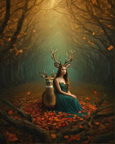 fantasy picture,dryad,girl with tree,deer illustration,fantasy portrait,mystical portrait of a girl,faun,fantasy art,pere davids deer,rusalka,autumn forest,fawn,fallen acorn,young-deer,stag,ballerina in the woods,autumn idyll,autumn background,faerie,deer in tears,Photography,Artistic Photography,Artistic Photography 14