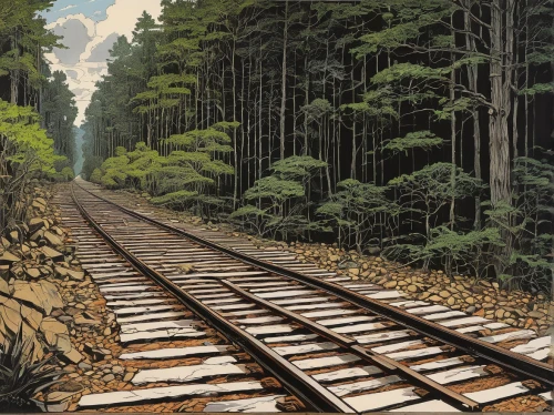 wooden track,cool woodblock images,railroad,railroad line,railroad track,david bates,pine forest,tracks,rail road,woodcut,railtrack,rack railway,railroads,railroad tracks,old tracks,railway track,forest road,train track,railroad trail,train route,Conceptual Art,Daily,Daily 09