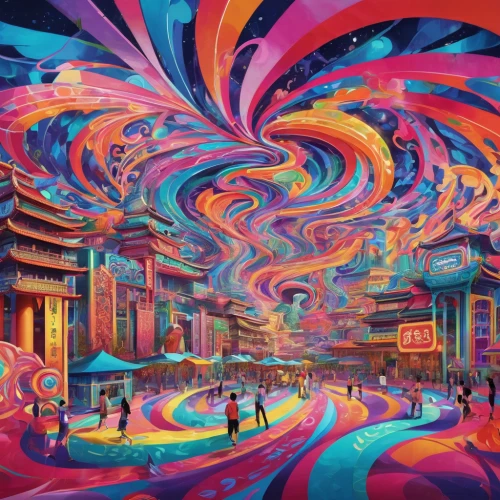 psychedelic art,colorful city,psychedelic,vivid sydney,panoramical,colorful spiral,kaleidoscopic,kaleidoscope art,futuristic landscape,kaleidoscope,hallucinogenic,colorful tree of life,fantasy city,swirling,dimensional,cyberspace,trippy,swirls,vortex,fireworks art,Illustration,Realistic Fantasy,Realistic Fantasy 39