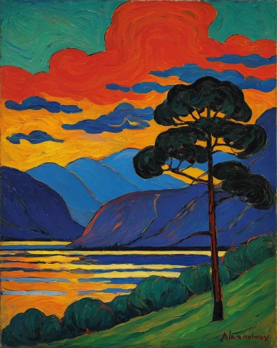 olle gill,yamnuska,sognefjord,1926,1925,1921,david bates,fjord,fjords,1929,braque d'auvergne,lake neuchâtel,matruschka,vincent van gough,1906,mountain sunrise,evening lake,dusk,graeme strom,khokhloma painting,Art,Artistic Painting,Artistic Painting 36