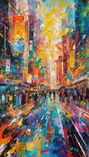 colorful city,cityscape,metropolis,oil painting on canvas,city scape,pedestrian,new york streets,abstract painting,painting technique,art painting,tokyo,urban,city highway,shibuya,tokyo city,time square,shinjuku,oil painting,broadway,hong kong,Conceptual Art,Oil color,Oil Color 20
