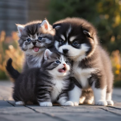 huskies,kittens,cat family,baby cats,cute animals,pounce,cats playing,huddle,alaskan klee kai,three friends,musketeers,small to medium-sized cats,puppies,malamute,playing puppies,three dogs,pet vitamins & supplements,family photo shoot,cat supply,conga,Photography,General,Natural