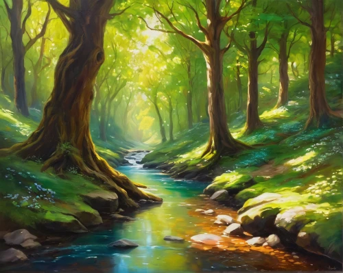 forest landscape,forest background,elven forest,brook landscape,flowing creek,forest glade,streams,green forest,forests,the forest,the forests,riparian forest,germany forest,forest,oil painting on canvas,forest path,fairytale forest,fairy forest,oil painting,river landscape,Illustration,Realistic Fantasy,Realistic Fantasy 01