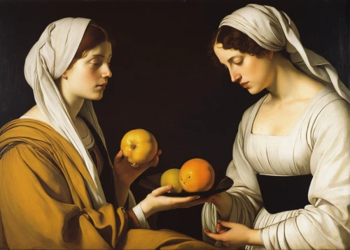 woman eating apple,the annunciation,bellini,clementines,candlemas,woman holding pie,orange robes,carmelite order,holy family,the magdalene,young couple,tangerines,apricots,satsuma,orange slices,oranges,girl with bread-and-butter,meticulous painting,mandarins,kumquats,Illustration,Retro,Retro 07