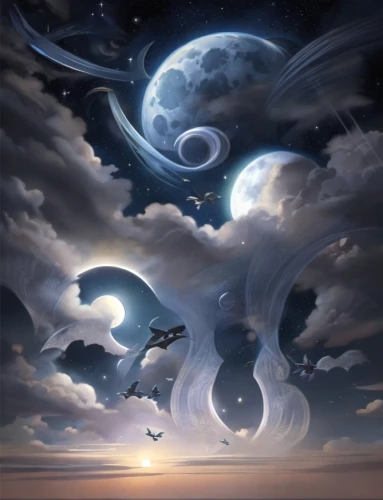 constellation swan,fantasy picture,space art,crescent moon,fantasy art,celestial bodies,swirl clouds,yinyang,the night sky,planet alien sky,night sky,fantasy landscape,stars and moon,sky,celestial body,star winds,moon and star background,turbulence,sky butterfly,nightsky,Common,Common,Cartoon