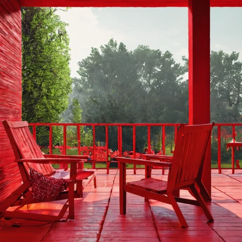 red bench,landscape red,porch swing,outdoor furniture,wooden decking,red summer,patio furniture,red tablecloth,wood deck,decking,red paint,red roof,red place,outdoor table and chairs,porch,garden furniture,outdoor bench,summer house,red barn,deck,Conceptual Art,Fantasy,Fantasy 14