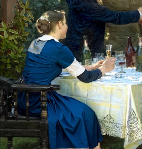 courtship,apéritif,waiter,woman holding pie,aperitif,woman eating apple,drinking,young couple,woman drinking coffee,a drink,dinner party,romantic dinner,drinking glass,pouring tea,wineglass,drinking establishment,drinking party,meticulous painting,stemware,dinner for two