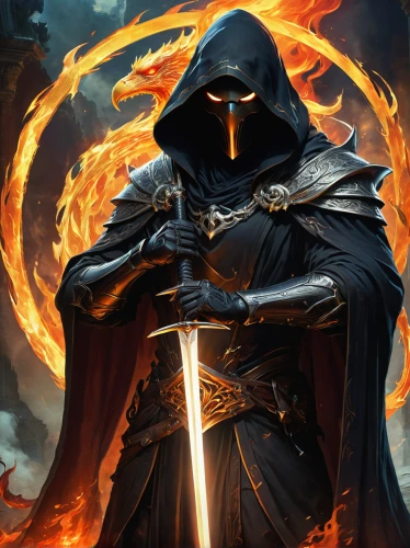fire background,hooded man,grimm reaper,massively multiplayer online role-playing game,fire master,reaper,flickering flame,assassin,collectible card game,heroic fantasy,grim reaper,fire artist,cg artwork,vader,dodge warlock,cleanup,darth vader,templar,burning torch,death god,Conceptual Art,Fantasy,Fantasy 05