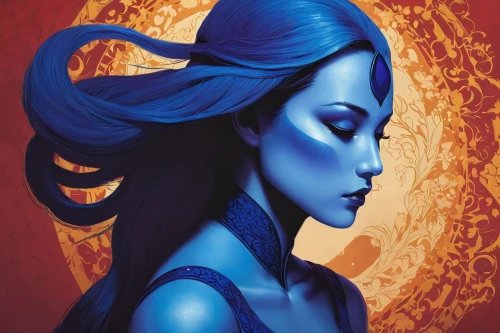 mystique,blue enchantress,avatar,widowmaker,rosa ' amber cover,blue painting,bodypaint,bodypainting,sapphire,indigo,fantasy portrait,mulan,body painting,digital painting,blue moon rose,jasmine blue,blue snake,holly blue,cg artwork,blue rose,Illustration,Japanese style,Japanese Style 21