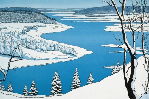 yukon river,winter landscape,winter lake,tanana river,cool woodblock images,snow landscape,snow scene,olle gill,heather winter,snowy landscape,christmas landscape,lake louise,maligne river,two jack lake,fairbanks,frozen lake,winter background,whistler,yukon territory,early winter,Illustration,Retro,Retro 11