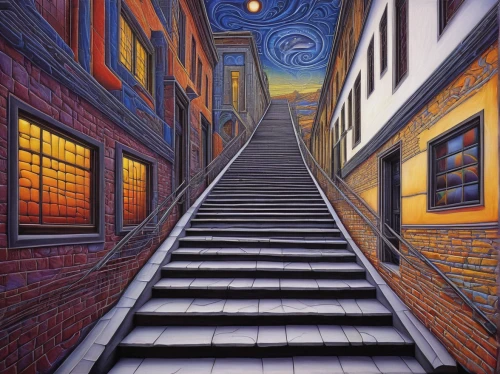 winding steps,stairway to heaven,stairway,gordon's steps,david bates,jacob's ladder,stairs,stairwell,staircase,fire escape,icon steps,outside staircase,stone stairway,vincent van gough,winding staircase,escher,stair,steps,pathway,winners stairs,Illustration,Abstract Fantasy,Abstract Fantasy 21