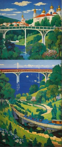 gladesville bridge,khokhloma painting,rainbow bridge,viaduct,memorial bridge,hohenzollern bridge,parramatta,sweeping viaduct,viola bridge,tied-arch bridge,angel bridge,bridges,highway bridge,pont saint-bénézet,irkutsk,bailey bridge,arch bridge,murals,volga,zhupanovsky,Art,Classical Oil Painting,Classical Oil Painting 27