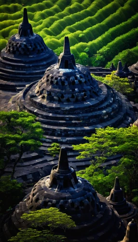 stone pagoda,rice terrace,borodundur,rice mountain,bagan,borobudur,terraced,mushroom landscape,stupa,pyramids,roof domes,laser buddha mountain,rice terraces,stone lotus,borobodur,stone pyramid,rice fields,mud village,myanmar,step pyramid,Conceptual Art,Oil color,Oil Color 11