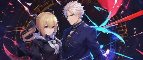 violet evergarden,kado,saber,uruburu,angel and devil,persona,graf-zepplin,reizei,star winds,two hearts,duet,crossed ribbons,explosion,prince and princess,two people,explosions,hand in hand,falling stars,waltz,wiz,Conceptual Art,Oil color,Oil Color 02