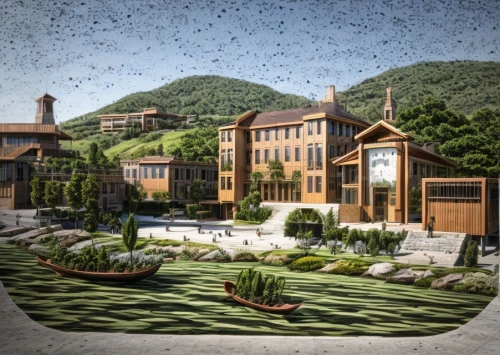 eco-construction,eco hotel,bogart village,alpine village,new housing development,resort town,villa balbianello,golf resort,ski resort,feng shui golf course,resort,popeye village,portofino,korean folk village,bendemeer estates,indian canyons golf resort,indian canyon golf resort,3d rendering,escher village,landscaping,Architecture,Campus Building,Modern,Mid-Century Modern