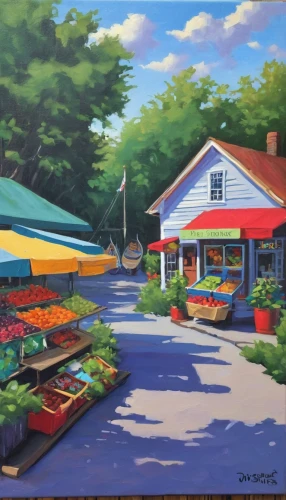 farmer's market,farmers market,farmers local market,vegetables landscape,grocer,watercolor shops,fruit stands,grocery store,fruit market,eastern market,fruit stand,maine,village shop,kennebunkport,grocery,flower shop,general store,vegetable market,mirepoix,convenience store,Art,Artistic Painting,Artistic Painting 33