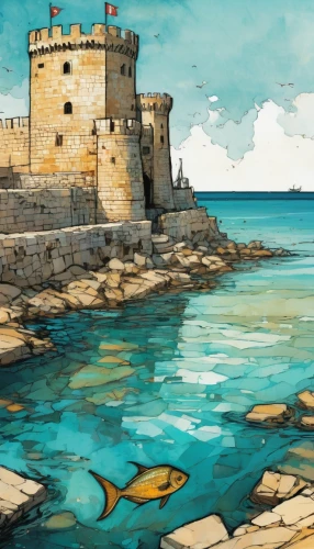 sea landscape,mediterranean sea,water castle,dubrovnic,the mediterranean sea,city moat,breakwater,kings landing,dubrovnik,underwater landscape,city wall,mediterranean,gulf,house of the sea,city walls,malta,water colors,templar castle,exploration of the sea,coastal landscape,Illustration,Realistic Fantasy,Realistic Fantasy 23