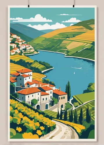 travel poster,douro,douro valley,lefkada,tuscan,istria,frame border illustration,peloponnese,provencal life,mediterranean,provence,alentejo,lavaux,wine region,dubrovnic,olive grove,asturias,pinsa,apulia,houses clipart,Illustration,Japanese style,Japanese Style 06