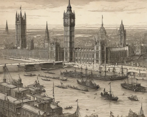 westminster palace,city of london,thames,london bridge,river thames,london buildings,london,thames trader,big ben,houses of parliament,embankment,fuller's london pride,july 1888,vauxhall,waterloo,the victorian era,landmarks,east indiaman,city cities,princes pier,Illustration,Paper based,Paper Based 08
