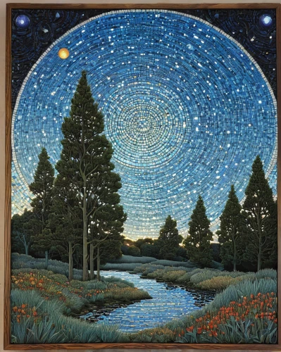 starry night,vincent van gough,tapestry,night scene,khokhloma painting,the night sky,mosaic,mosaics,starry sky,herfstanemoon,constellation pyxis,night stars,mosaic glass,north star,northen light,astronomers,glass painting,zodiacal sign,astronomy,indigenous painting,Illustration,Realistic Fantasy,Realistic Fantasy 11