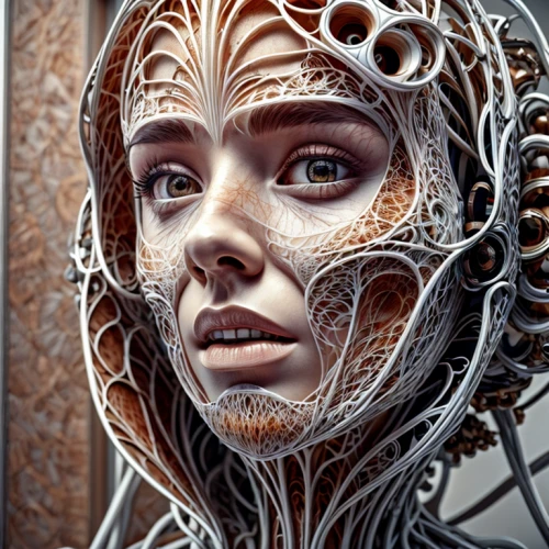 biomechanical,wire sculpture,artificial hair integrations,cybernetics,wireframe,woman sculpture,tangle,cyborg,medusa,head woman,wireframe graphics,filigree,scrap sculpture,circuitry,woman face,humanoid,steel sculpture,image manipulation,tendrils,bicycle helmet