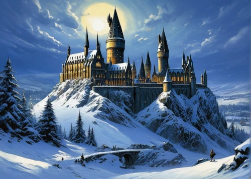 hogwarts,hamelin,castle of the corvin,fantasy picture,snow house,fairy tale castle,castelul peles,hogwarts express,ice castle,snowhotel,fantasy city,knight's castle,elves flight,summit castle,snow scene,fantasy art,winter magic,eternal snow,fairytale castle,castle bran,Illustration,Paper based,Paper Based 29