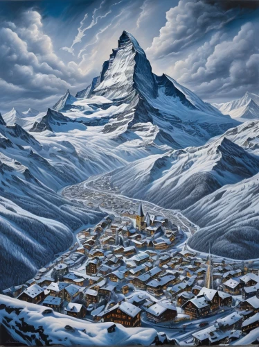 zermatt,mountain settlement,alpine village,mountain village,peter-pavel's fortress,escher village,matterhorn,northrend,kirghystan,thermokarst,grindelwald,gornergrat,eiger,mountain scene,mountain huts,snow landscape,göreme,winter village,kirkjufell,mountainous landscape,Illustration,Realistic Fantasy,Realistic Fantasy 40