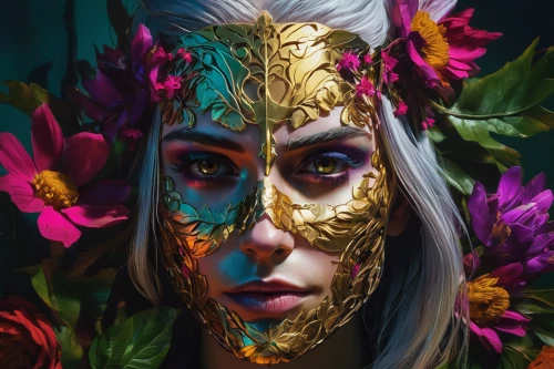 masquerade,fantasy portrait,golden wreath,elven flower,kahila garland-lily,golden mask,gold mask,digital painting,girl in a wreath,floral wreath,digital art,flora,face paint,venetian mask,wreath of flowers,girl in flowers,digital illustration,elven,dryad,golden flowers,Photography,Artistic Photography,Artistic Photography 08