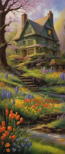 home landscape,country cottage,meadow in pastel,cottage garden,country house,summer cottage,springtime background,salt meadow landscape,farm house,cottage,meadow landscape,spring meadow,country estate,farmhouse,spring morning,house painting,house in mountains,splendor of flowers,farm landscape,clover meadow,Illustration,Realistic Fantasy,Realistic Fantasy 32