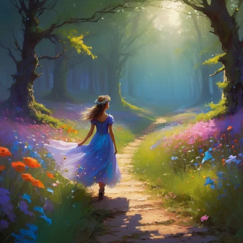 pathway,fantasy picture,the mystical path,fairy forest,forest path,forest of dreams,wonderland,springtime background,spring morning,forest walk,alice in wonderland,world digital painting,girl walking away,the path,a fairy tale,stroll,fairytale,fairy world,girl picking flowers,way of the roses,Conceptual Art,Sci-Fi,Sci-Fi 22