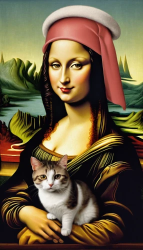 mona lisa,the mona lisa,woman holding pie,calico cat,cat sparrow,girl with cereal bowl,cat image,girl with a dolphin,leonardo da vinci,the sea maid,cleopatra,girl on the boat,cat european,ritriver and the cat,digiart,portrait background,girl with a pearl earring,clipart,aegean cat,computer graphics,Illustration,Retro,Retro 10