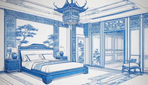 majorelle blue,blue room,japanese-style room,ornate room,art nouveau design,blue and white china,blue and white porcelain,sleeping room,oriental painting,asian architecture,guest room,bedroom,blue lamp,art deco,blueprint,cool woodblock images,art nouveau,chinese architecture,riad,oriental,Unique,Design,Blueprint