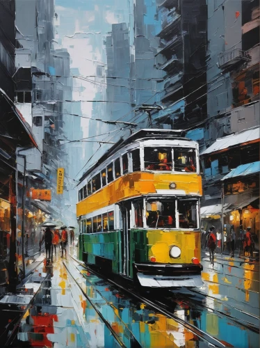 hong kong,hanoi,street car,oil painting on canvas,são paulo,tram,streetcar,valparaiso,trolley bus,the lisbon tram,kowloon,shanghai,oil painting,city bus,hongkong,cityscape,trolley,istanbul,trolleybuses,saigon,Conceptual Art,Oil color,Oil Color 01