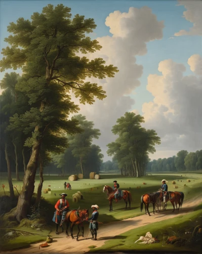 dutch landscape,hunting scene,groenendael,man and horses,cross-country equestrianism,rural landscape,farm landscape,golf landscape,two-horses,horse herd,horse riders,robert duncanson,horse-drawn,forest landscape,riding school,horses,fontainebleau,horseback,landscape,horse drawn,Illustration,Realistic Fantasy,Realistic Fantasy 24