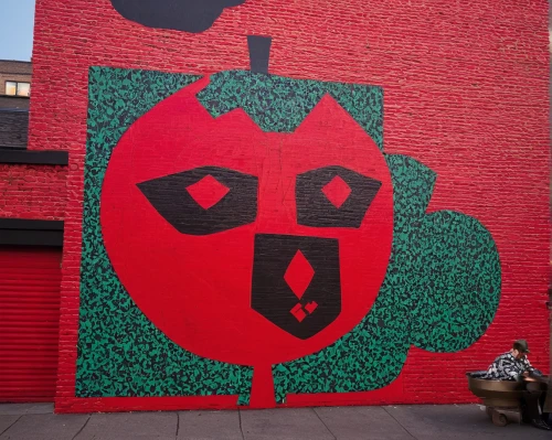 brooklyn street art,red wall,mural,painted block wall,devil wall,public art,red green,two-point-ladybug,red and green,meatpacking district,red cat,watermelon painting,red paint,streetart,keith haring,brooklyn,po-faced,red bricks,green tomatoe,urban street art,Illustration,Vector,Vector 20