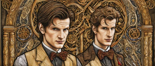 twelve,doctor who,mirror image,art nouveau frames,art nouveau frame,dr who,eleven,the doctor,gentleman icons,mirrors,split personality,mahogany family,twelve apostle,cuckoo clocks,gothic portrait,mirrored,mirror of souls,mirroring,regeneration,the mirror,Art,Classical Oil Painting,Classical Oil Painting 28