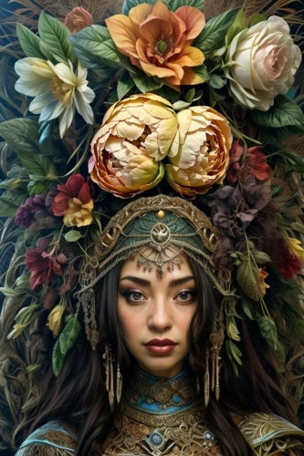 girl in a wreath,wreath of flowers,asian costume,novruz,fantasy portrait,jaya,iranian nowruz,headdress,inner mongolian beauty,lakshmi,flora,cleopatra,warrior woman,floral wreath,the enchantress,indian bride,frida,artemisia,moana,pachamama