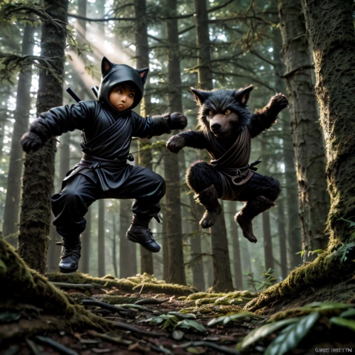 bear cubs,ninjas,flying dogs,shaolin kung fu,happy children playing in the forest,photoshop manipulation,digital compositing,elves flight,two wolves,photo manipulation,two running dogs,woodland animals,the bears,black bears,kungfu,forest animals,animals hunting,fairies aloft,monks,kung fu