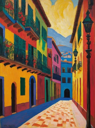 guanajuato,nicaraguan cordoba,santa fe,antigua guatemala,santiago di cuba,malaga,seville,morocco lanterns,riad,queretaro,cartagena,medina,cordoba,colorful city,alhambra,italian painter,hacienda,street scene,zona colonial,narrow street,Art,Artistic Painting,Artistic Painting 36