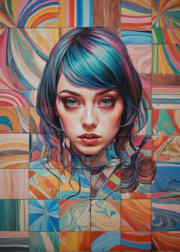 psychedelic art,graffiti art,colorful background,mural,checkered background,graffiti,meticulous painting,girl in a long,oil painting on canvas,girl portrait,girl with cereal bowl,color wall,young woman,woman face,woman thinking,the girl's face,painting technique,oil on canvas,illusion,portrait of a girl,Conceptual Art,Daily,Daily 15
