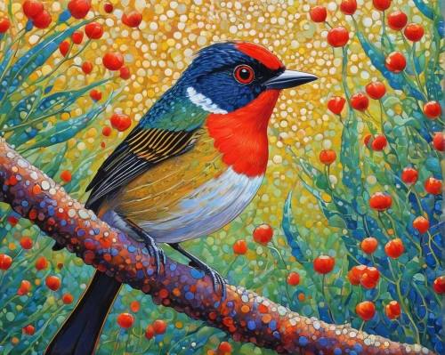 scarlet honeyeater,bird painting,robin redbreast,humming-bird,robins in a winter garden,orange-breasted sunbird,rosella,javan trogon,white-crowned,rufous,painted bunting,humming birds,song bird,bird robin,colorful birds,oil painting,oil painting on canvas,bird hummingbird,spring bird,trogon,Conceptual Art,Daily,Daily 31