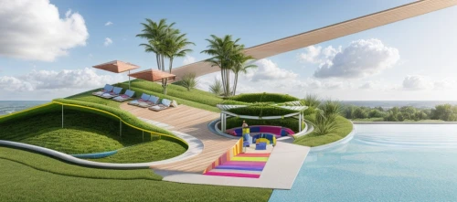 floating island,roof landscape,dug-out pool,grass roof,roof top pool,infinity swimming pool,pool house,tropical house,3d rendering,golf resort,island suspended,cube stilt houses,dunes house,holiday villa,artificial grass,resort,floating islands,eco hotel,swimming pool,artificial island,Landscape,Landscape design,Landscape space types,Outdoor Children's Activity Spaces