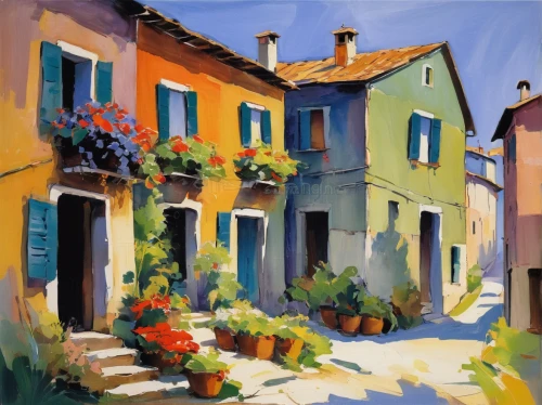 provence,italian painter,burano,tuscan,portofino,oberlo,liguria,france,south france,italy,apulia,burano island,south of france,puglia,venetian,grand bleu de gascogne,painting technique,street scene,provencal life,italia,Art,Artistic Painting,Artistic Painting 41