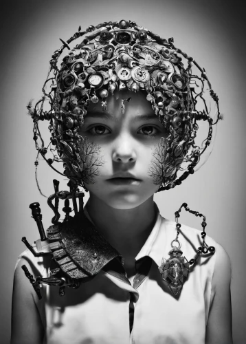 bjork,girl in a wreath,marionette,headdress,biomechanical,headpiece,crown of thorns,cybernetics,humanoid,image manipulation,conceptual photography,armatures,photomanipulation,photo manipulation,photomontage,virtual identity,kahila garland-lily,transience,mystical portrait of a girl,clockwork,Photography,Black and white photography,Black and White Photography 02