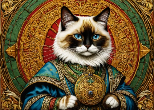 chinese pastoral cat,napoleon cat,cat warrior,birman,cat portrait,lucky cat,blue eyes cat,cat with blue eyes,siamese cat,emperor,cat european,sacred art,vintage cat,cat image,feline,heraldic animal,capricorn kitz,cat on a blue background,animal feline,the cat,Art,Classical Oil Painting,Classical Oil Painting 28