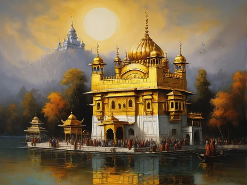golden temple,gold castle,the golden pavilion,water palace,forbidden palace,golden pavilion,hall of supreme harmony,constantinople,water castle,golden autumn,fantasy picture,fantasy art,fairy tale castle,asian architecture,indian art,world digital painting,by chaitanya k,khokhloma painting,the kremlin,ancient city,Illustration,Realistic Fantasy,Realistic Fantasy 34