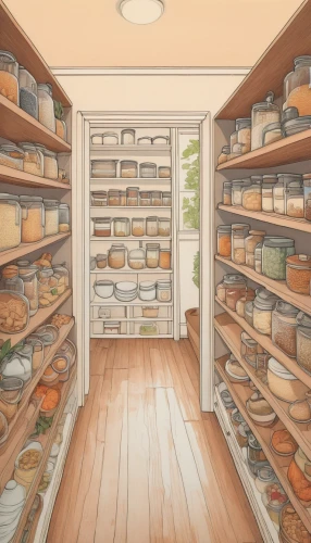 pantry,bakery,shelves,apothecary,kitchen shop,soap shop,cheese factory,empty shelf,food storage,grocery,shelving,cupboard,bakery products,grocer,watercolor shops,inventory,watercolor tea shop,grocery store,cheesemaking,pastry shop,Illustration,Japanese style,Japanese Style 15