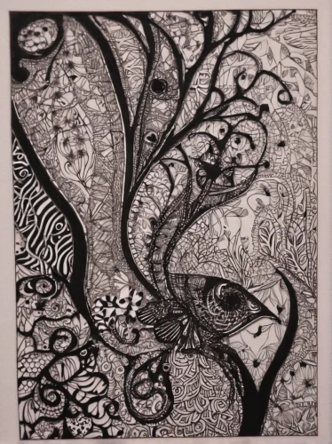 zentangle,tangle,woodcut,tendrils,printmaking,ink painting,tendril,the branches of the tree,paisley pattern,woodblock printing,pen drawing,branches,branch swirls,woodblock prints,flourishing tree,paisley,branching,swirls,sheet drawing,tree canopy,Illustration,Black and White,Black and White 11