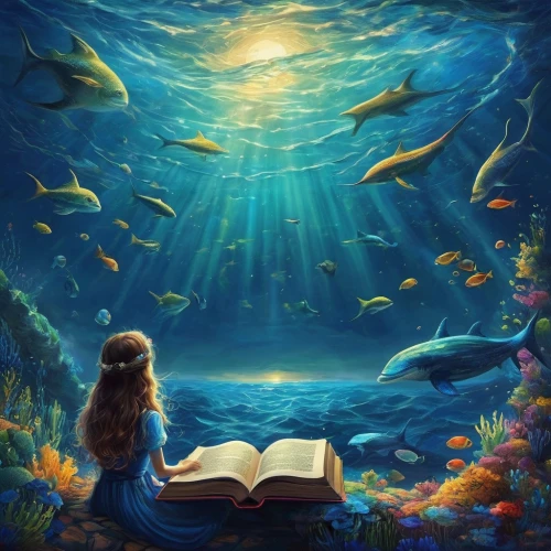 little girl reading,underwater background,magic book,mermaid background,fantasy picture,underwater world,underwater landscape,read a book,under the sea,ocean underwater,open book,child with a book,under sea,girl with a dolphin,underwater oasis,believe in mermaids,dream world,hymn book,children's fairy tale,turn the page,Art,Classical Oil Painting,Classical Oil Painting 11