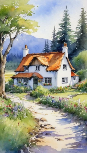 country cottage,summer cottage,cottage,home landscape,watercolor tea shop,house painting,fisherman's house,watercolor,watercolor background,cottages,watercolor painting,farmhouse,thatched cottage,house by the water,house in mountains,house with lake,farm house,traditional house,watercolor cafe,rural landscape,Illustration,American Style,American Style 12